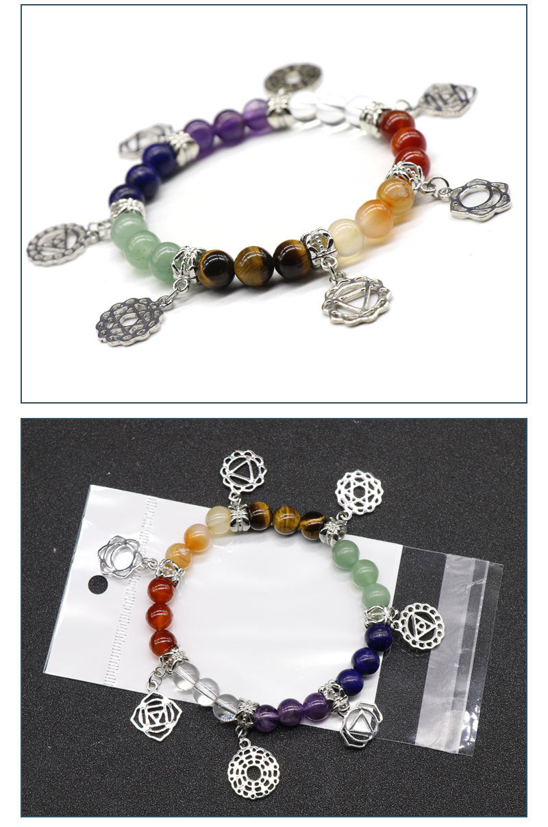 Natural Crystal 7 Chakra Bracelet. Designed to support balanced energy, inner peace, emotional healing, and spiritual growth, this chakra jewelry helps keep your mind, body, and spirit aligned. Created with love and positive energy — Divine Aura by Roop.
