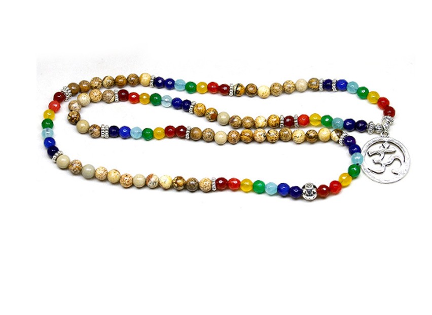 Chakra Tibetan Bodhi Prayer Beads Mala Wrap Bracelet. Chakra jewelry is believed to promote balanced energy, inner peace, emotional healing, and spiritual growth. A beautiful piece for the Divine Aura by Roop collection.