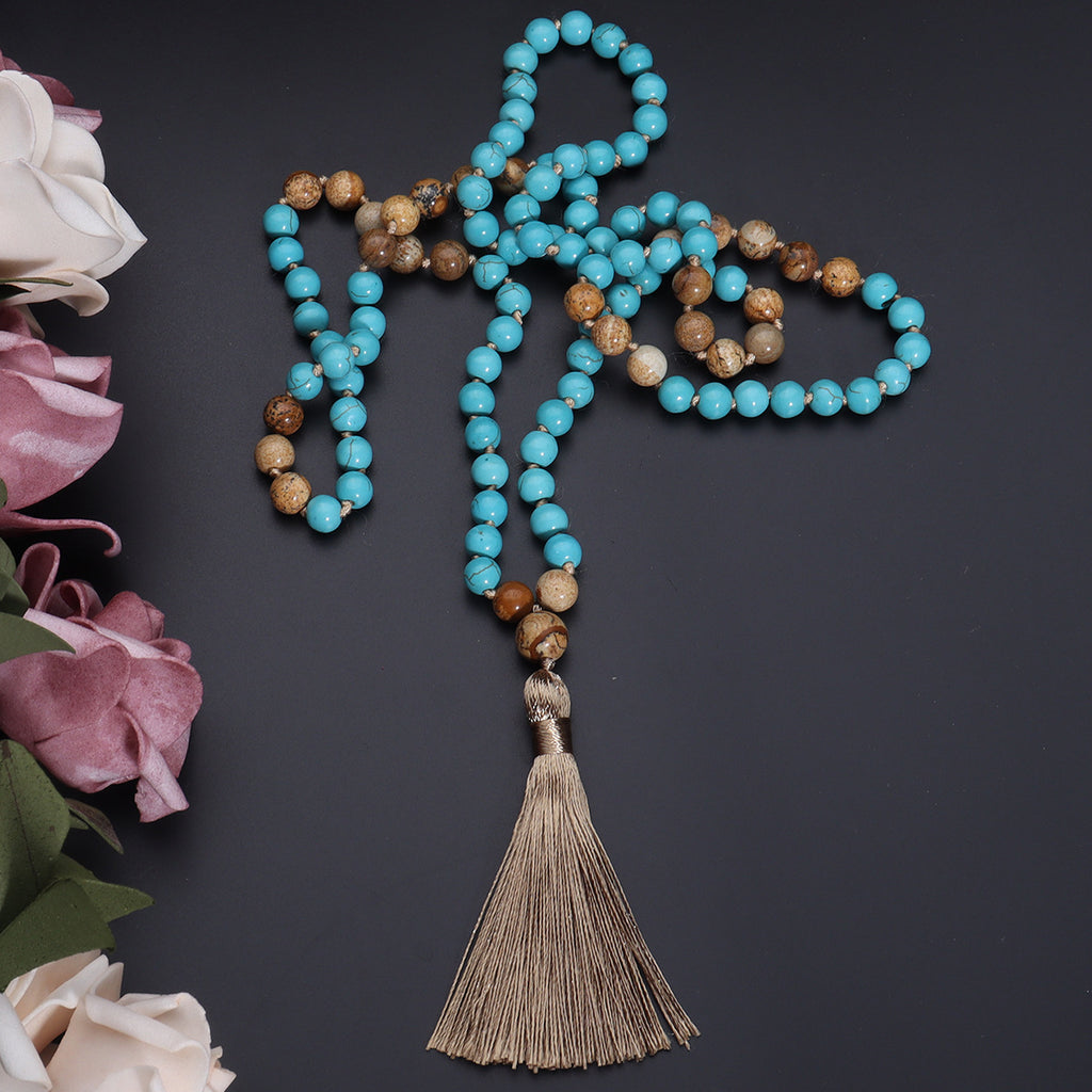 108 Mala Necklace Vintage Turquoise Painted Stone Necklace. A meaningful gift for loved ones seeking balance and positivity. Created with love and positive energy - Divine Aura by Roop.