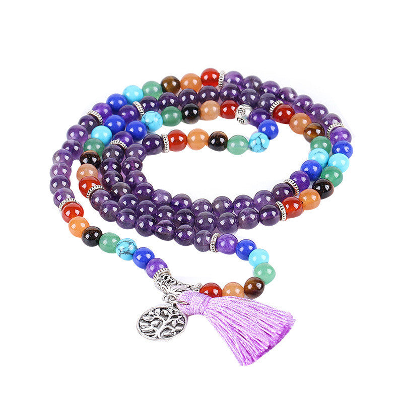 7 Chakra Healing Mala Necklace. Wearing chakra jewelry helps support energy flow, inner peace, emotional healing, and spiritual growth. Created with love and positive energy — Divine Aura by Roop.