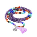 7 Chakra Healing Mala Necklace. Wearing chakra jewelry helps support energy flow, inner peace, emotional healing, and spiritual growth. Created with love and positive energy — Divine Aura by Roop.