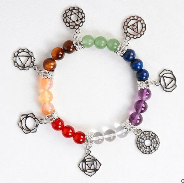 Natural Crystal 7 Chakra Bracelet. Designed to support balanced energy, inner peace, emotional healing, and spiritual growth, this chakra jewelry helps keep your mind, body, and spirit aligned. Created with love and positive energy — Divine Aura by Roop.