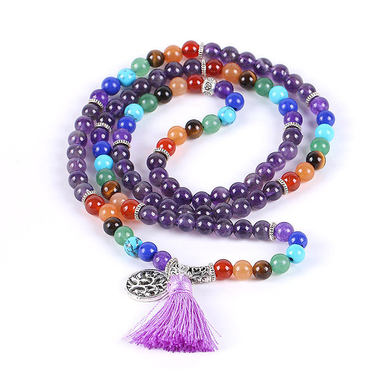 7 Chakra Healing Mala Necklace. Wearing chakra jewelry helps support energy flow, inner peace, emotional healing, and spiritual growth. Created with love and positive energy — Divine Aura by Roop.