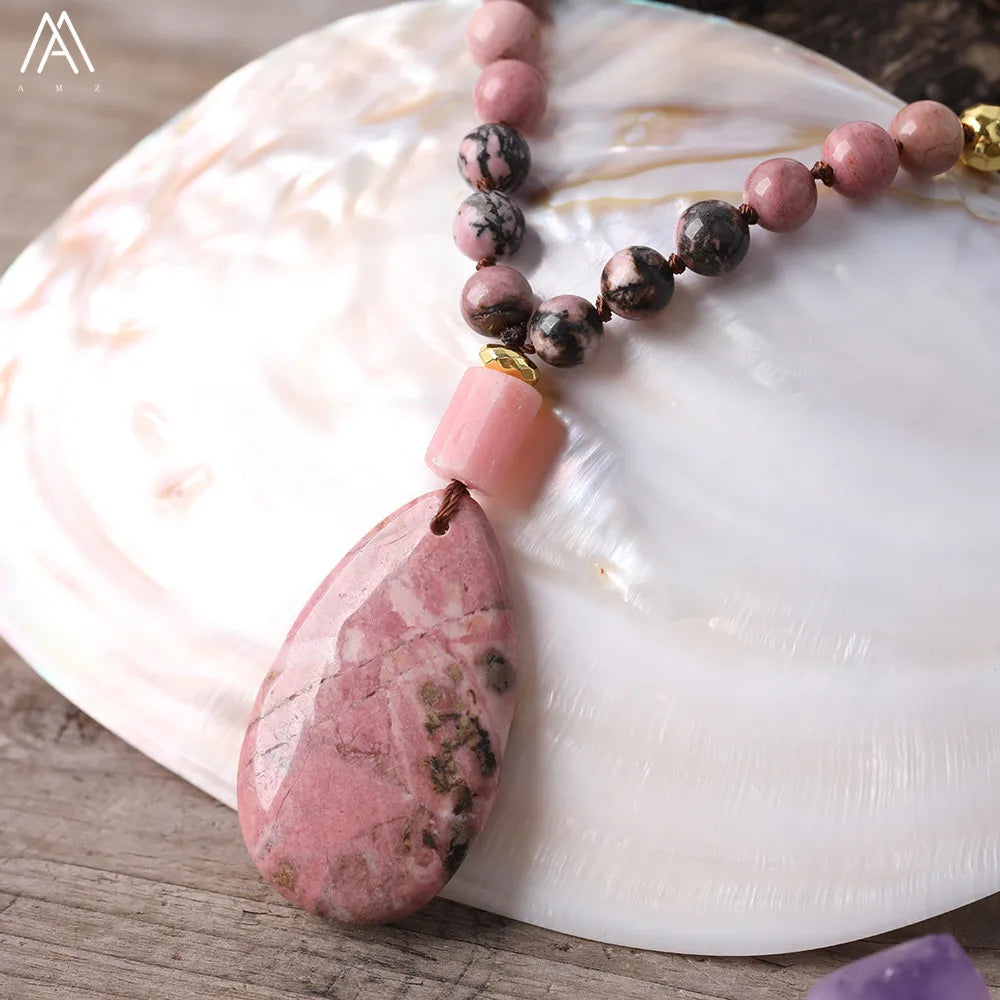Natural Rhodonite Water Drop Pink Opal Nugget Pendant 8mm Picasso Jaspers 108 Prayer Beads Knot Handmade Necklace Mala Jewelry