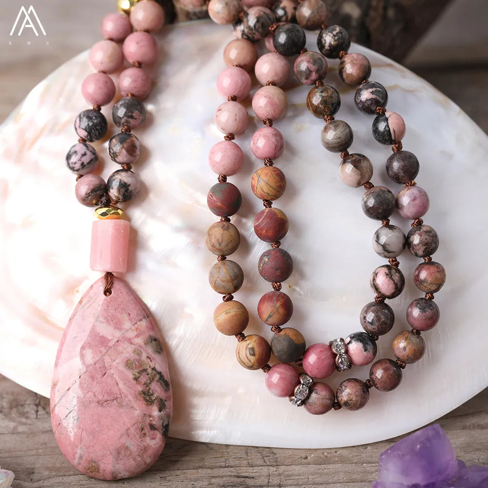 Natural Rhodonite Water Drop Pink Opal Nugget Pendant 8mm Picasso Jaspers 108 Prayer Beads Knot Handmade Necklace Mala Jewelry
