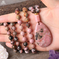 Natural Rhodonite Water Drop Pink Opal Nugget Pendant 8mm Picasso Jaspers 108 Prayer Beads Knot Handmade Necklace Mala Jewelry
