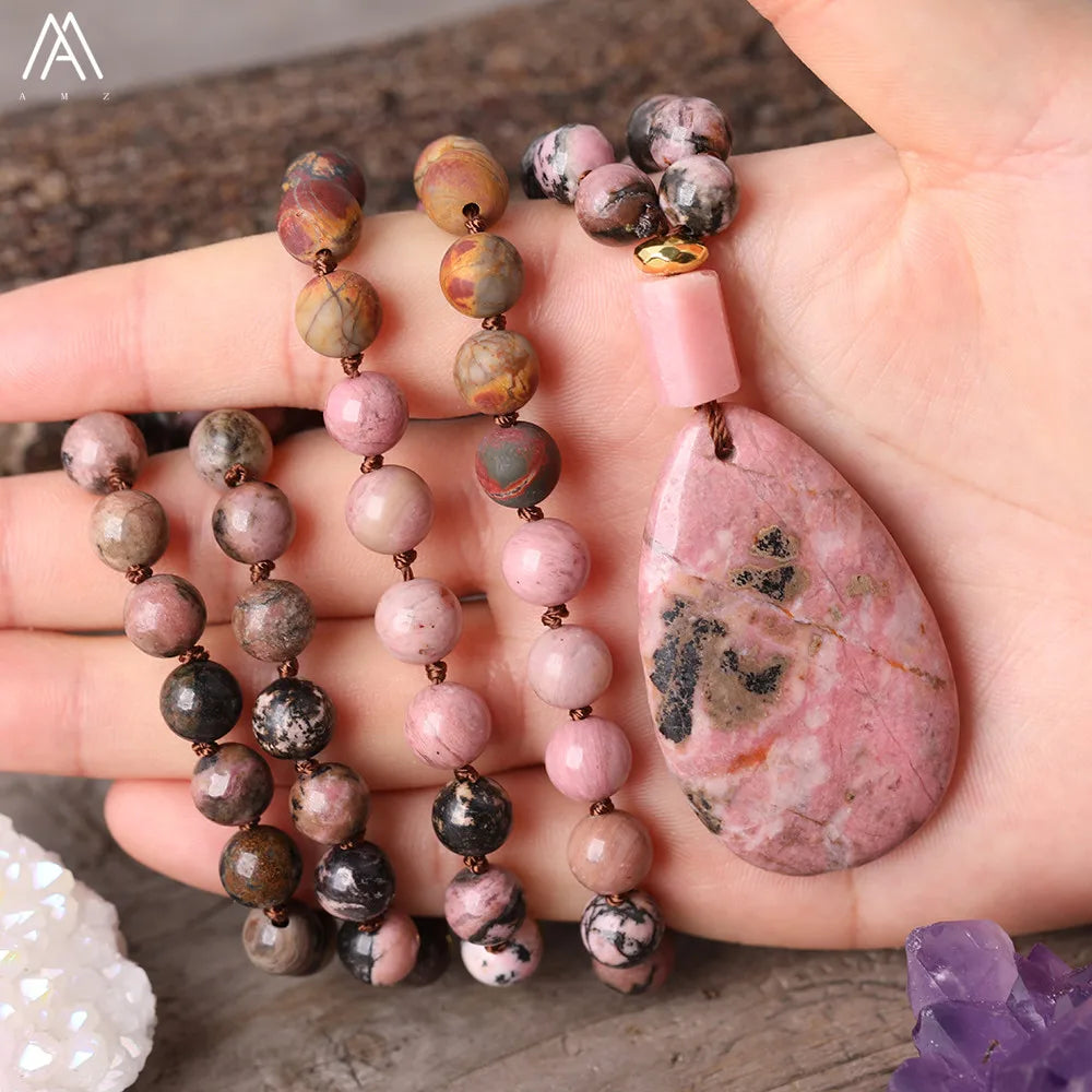 Natural Rhodonite Water Drop Pink Opal Nugget Pendant 8mm Picasso Jaspers 108 Prayer Beads Knot Handmade Necklace Mala Jewelry