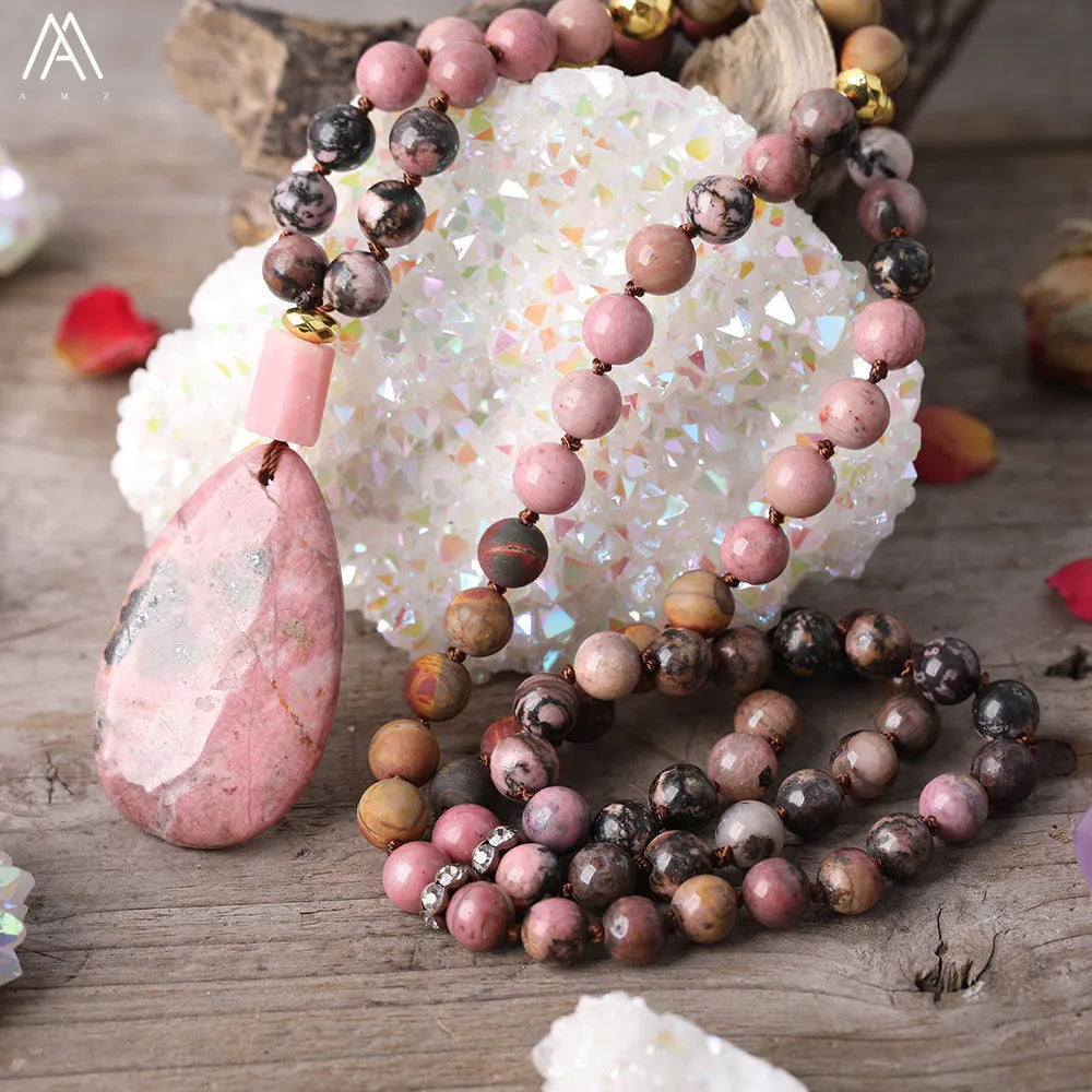 Natural Rhodonite Water Drop Pink Opal Nugget Pendant 8mm Picasso Jaspers 108 Prayer Beads Knot Handmade Necklace Mala Jewelry