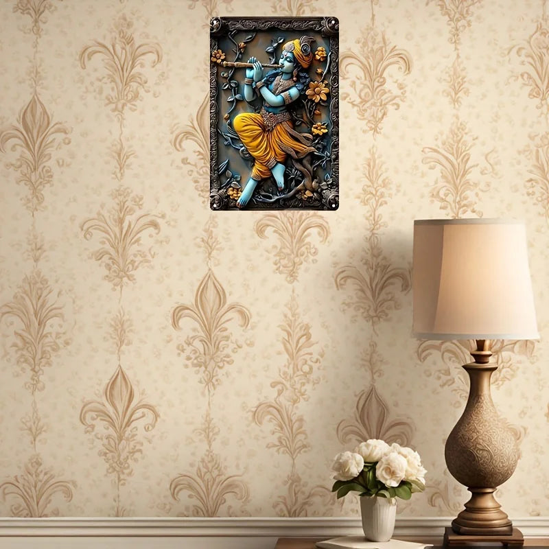 1pc 12x8inch Aluminum Krishna Flute Playing Wall Hanging Decor - Religious Theme, Indoor Portrait Orientation, Home Decoration