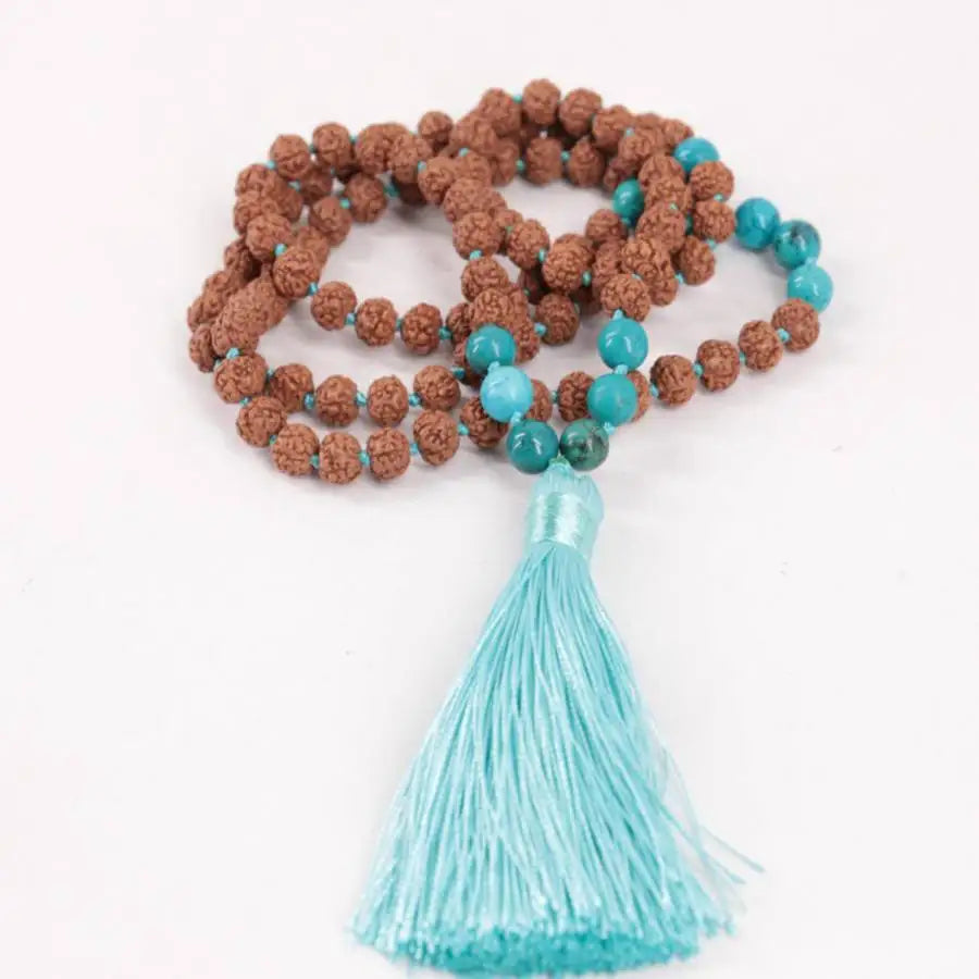 Natural Rudraksha & Turquoise 108 Beads Mala Necklace with Light Blue Tassel Meditation Jewelry Gift for Him