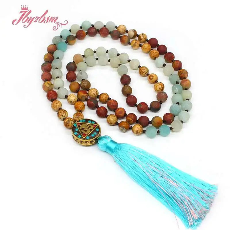 Natural Stone 108 Beads Necklaces For Women Female Payer Regious Nepal Pendant Long Mala Necklace Jewelry 8mm Matte Beads 110CM
