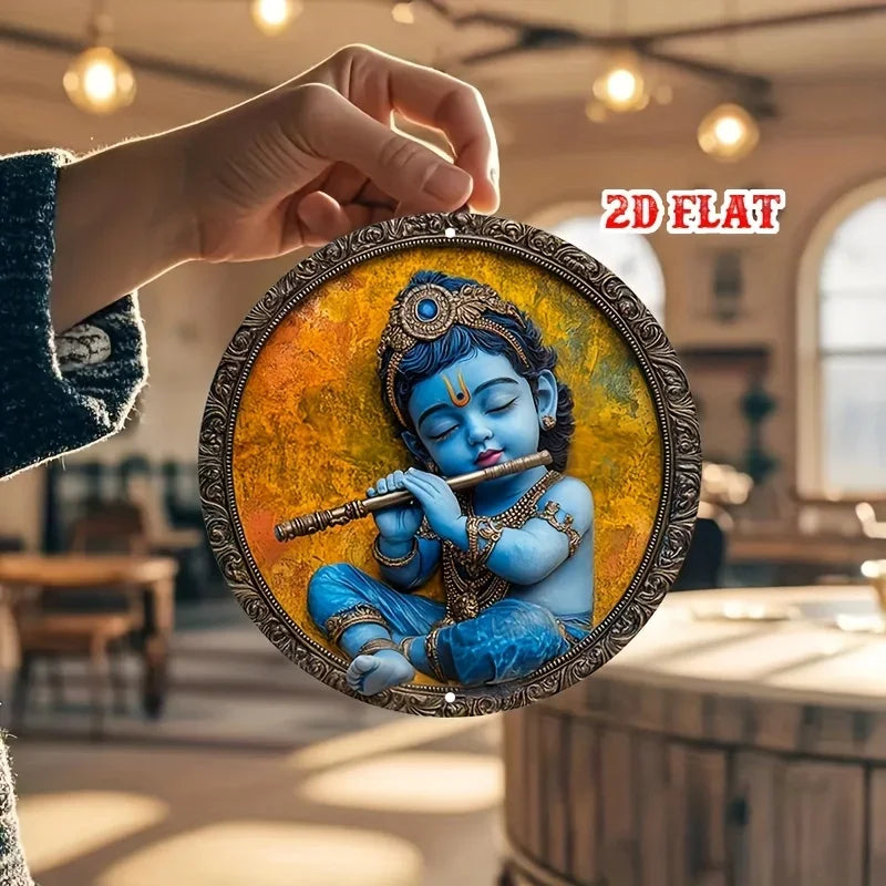 2D Flat Vintage Metal Sign: Graceful Baby Krishna with Flute - Captivating Indian Art, Perfect for Bars & Cafes