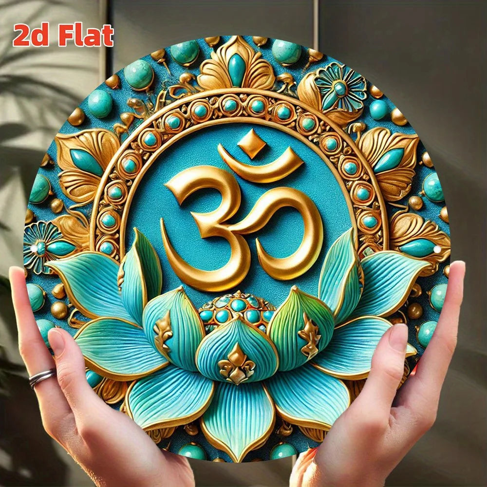 2D Flat, Om Symbol Meditation Wall Art -Round Blue & Golden Om Mantra Metal Sign,Zen Yoga Room Decor,Spiritual Gift for Home