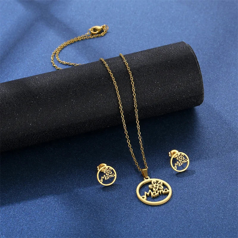 Mother's Day Jewelry Set Gift Stainless Steel Mama Love Heart Sakura Flower Pendant Necklace Earrings Mom Thanksgiving Gift