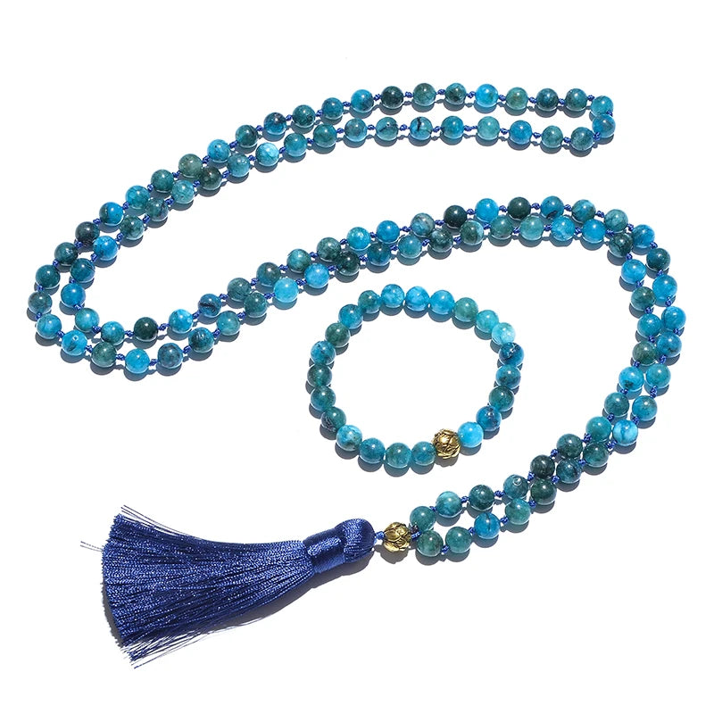 8mm Apatite Beaded Knotted 108 Mala Necklace Bracelet Set Meditation Yoga Prayer Jewelry Japamala Rosary for Men and Women
