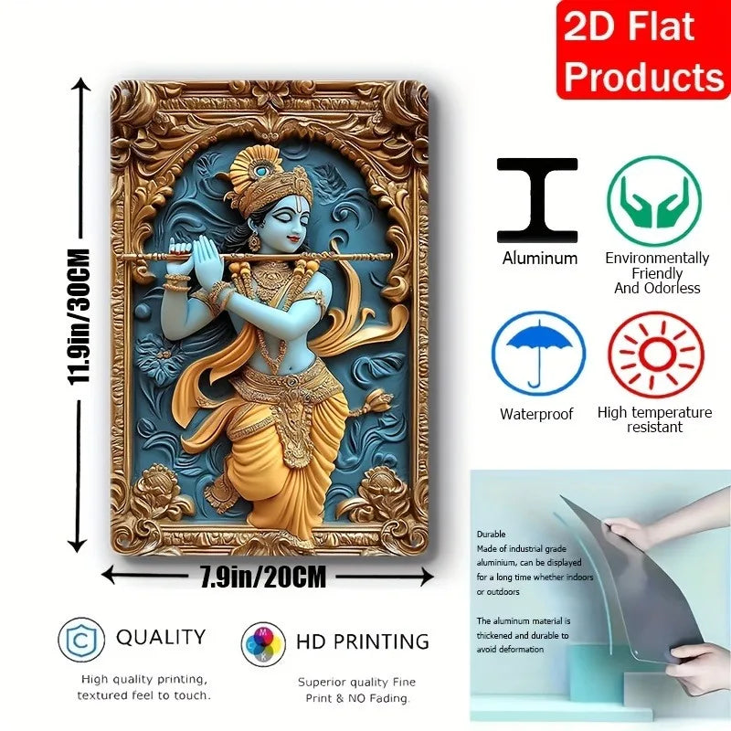 Bohemian Style Aluminum Metal Sign, 2D Flat Krishna Theme, Square Plaque, Wall Hanging, Festive Decor, Decorative Wall Poster