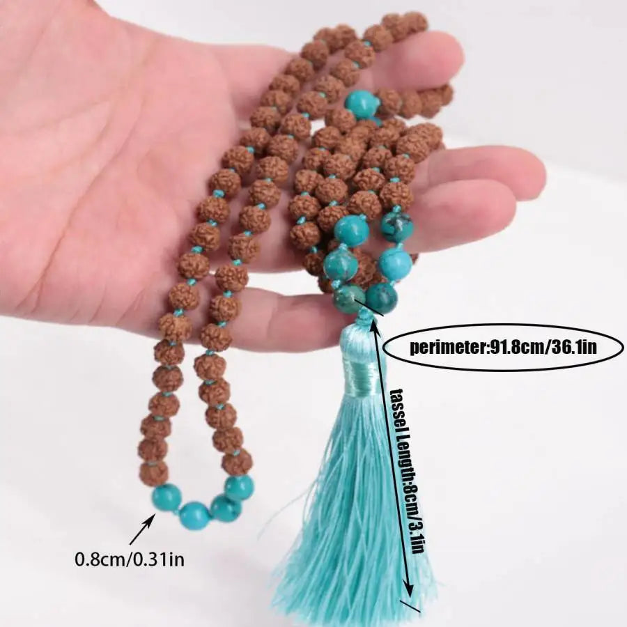 Natural Rudraksha & Turquoise 108 Beads Mala Necklace with Light Blue Tassel Meditation Jewelry Gift for Him