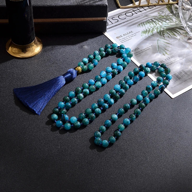 8mm Apatite Beaded Knotted 108 Mala Necklace Bracelet Set Meditation Yoga Prayer Jewelry Japamala Rosary for Men and Women