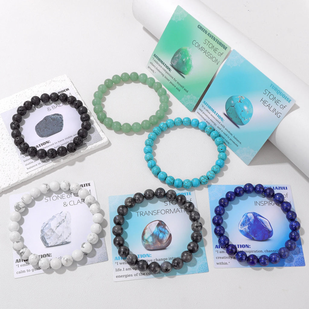 4/6/8mm Natural Blue Turquoises Beads Bracelet Smooth Round Beaded Bracelets with Card for Women Men Elastic Bracelet Bangle