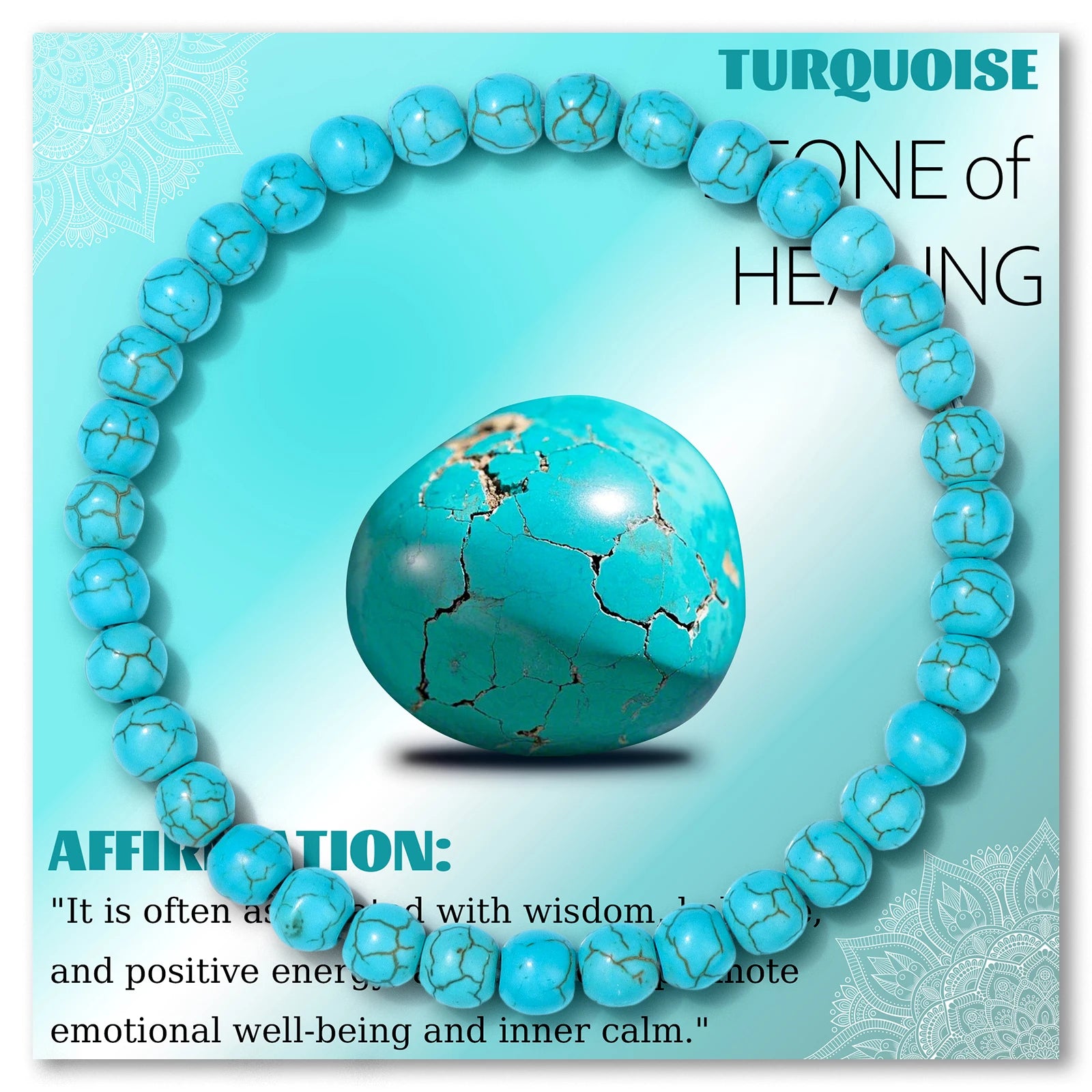 4/6/8mm Natural Blue Turquoises Beads Bracelet Smooth Round Beaded Bracelets with Card for Women Men Elastic Bracelet Bangle
