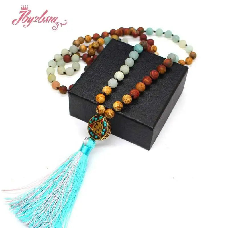 Natural Stone 108 Beads Necklaces For Women Female Payer Regious Nepal Pendant Long Mala Necklace Jewelry 8mm Matte Beads 110CM