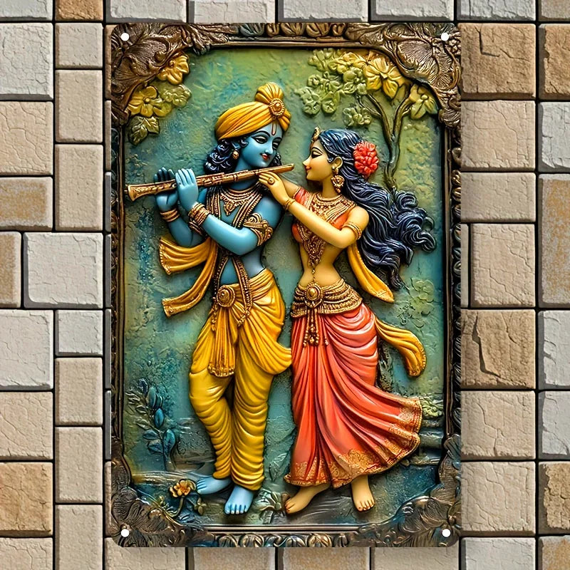 Trendy Krishna & Radha Romantic Love Theme Frameless Square Aluminum Wall Art - Ideal for Home, Office, and Room Decor