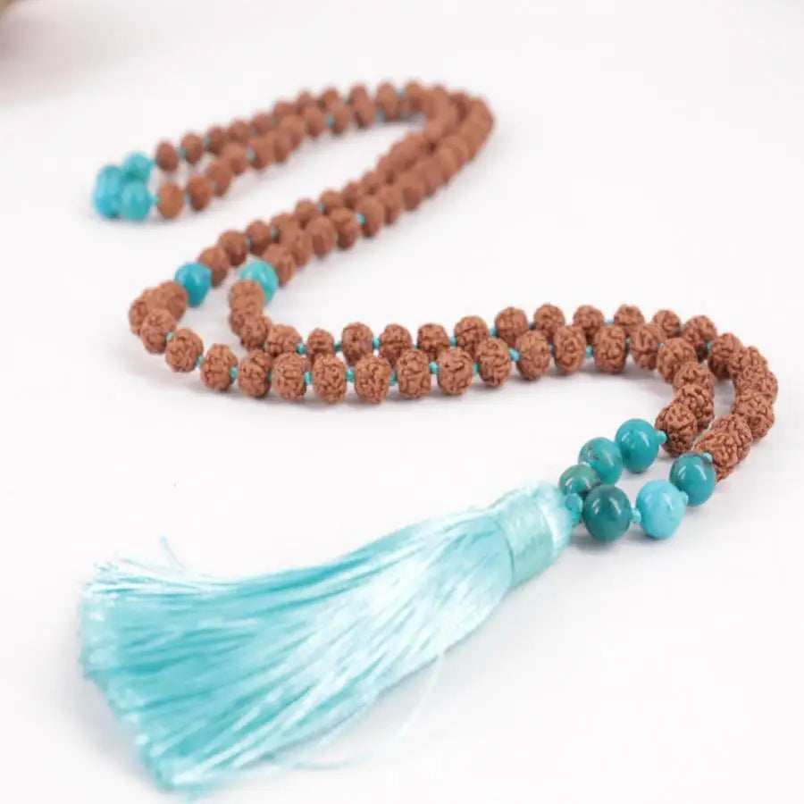 Natural Rudraksha & Turquoise 108 Beads Mala Necklace with Light Blue Tassel Meditation Jewelry Gift for Him