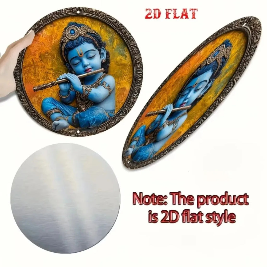 2D Flat Vintage Metal Sign: Graceful Baby Krishna with Flute - Captivating Indian Art, Perfect for Bars & Cafes