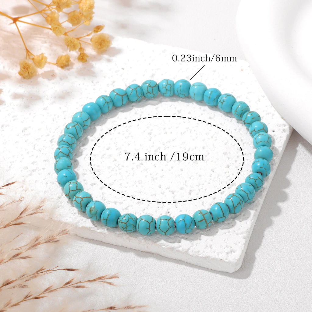 4/6/8mm Natural Blue Turquoises Beads Bracelet Smooth Round Beaded Bracelets with Card for Women Men Elastic Bracelet Bangle