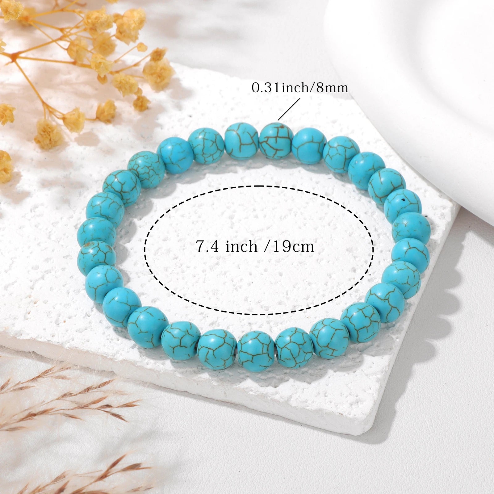 4/6/8mm Natural Blue Turquoises Beads Bracelet Smooth Round Beaded Bracelets with Card for Women Men Elastic Bracelet Bangle