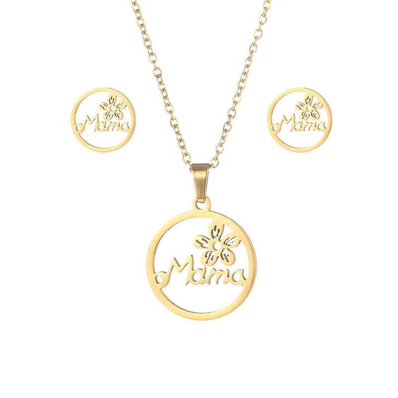 Mother's Day Jewelry Set Gift Stainless Steel Mama Love Heart Sakura Flower Pendant Necklace Earrings Mom Thanksgiving Gift