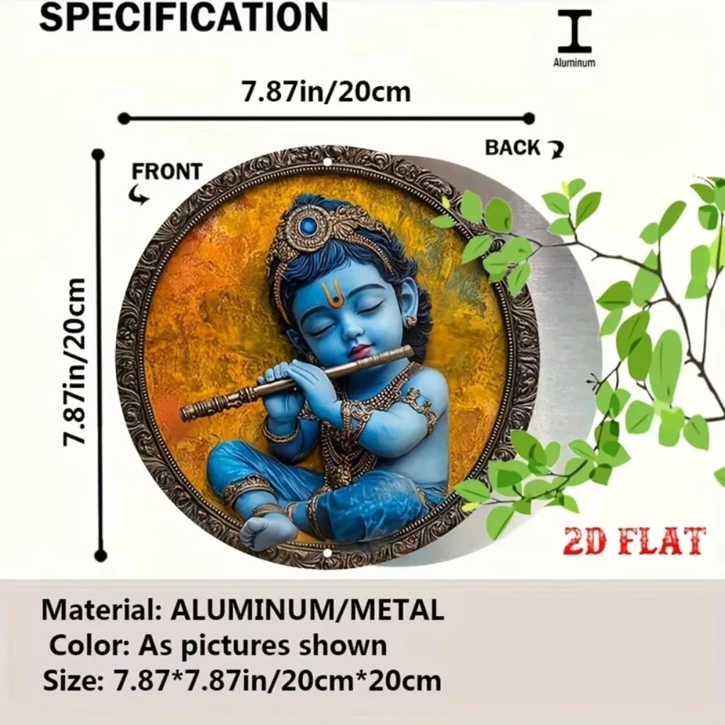 2D Flat Vintage Metal Sign: Graceful Baby Krishna with Flute - Captivating Indian Art, Perfect for Bars & Cafes