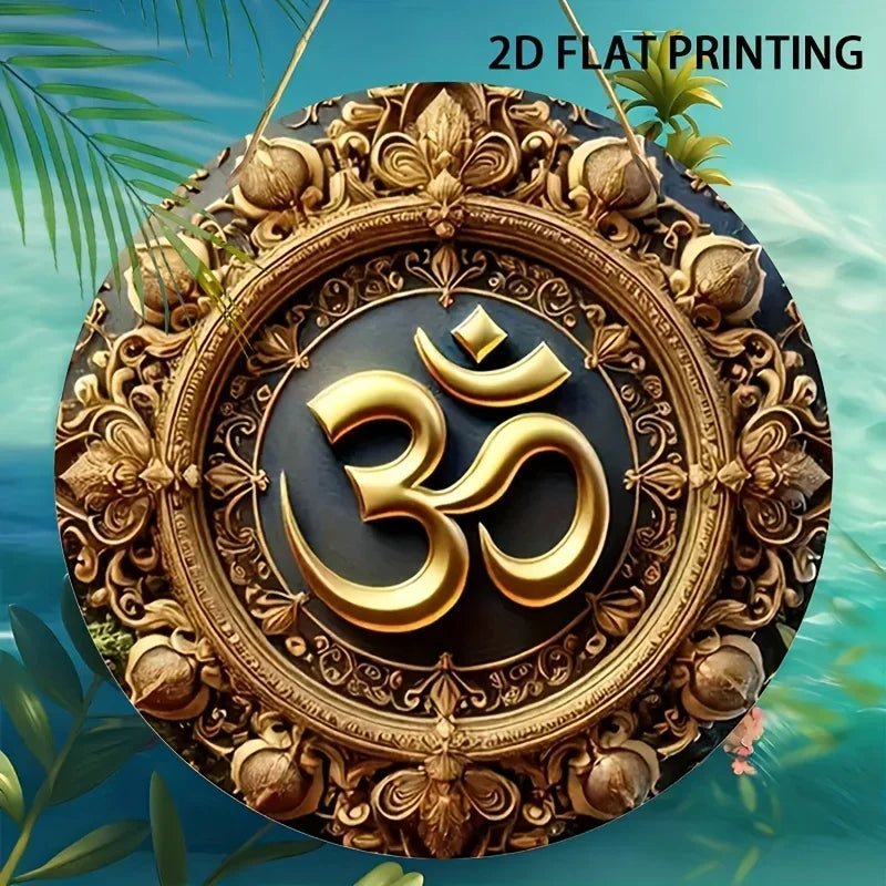 2D Painting- Americana Style Om Serenity Tin Round Sign, Hanging Decor For Home, Garden, Outdoor Wall Decor