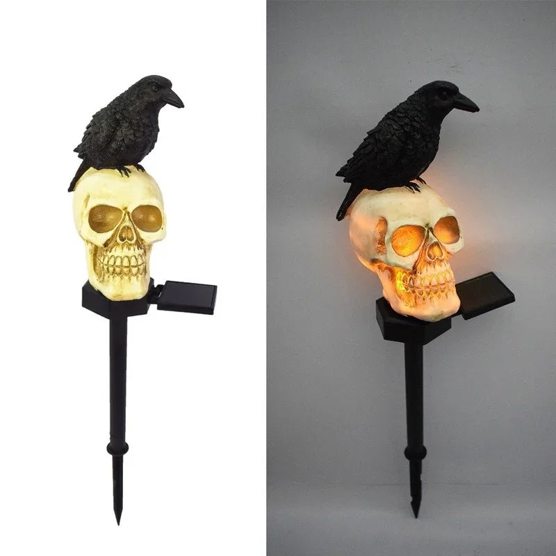 Halloween Light-Up Skull &amp; Raven Garden Stake – Spooky Outdoor Décor