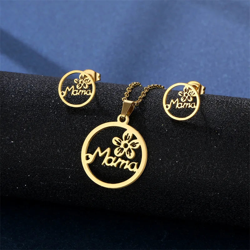 Mother's Day Jewelry Set Gift Stainless Steel Mama Love Heart Sakura Flower Pendant Necklace Earrings Mom Thanksgiving Gift