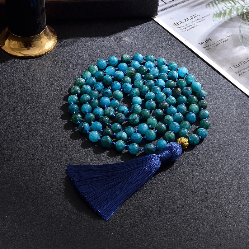 8mm Apatite Beaded Knotted 108 Mala Necklace Bracelet Set Meditation Yoga Prayer Jewelry Japamala Rosary for Men and Women