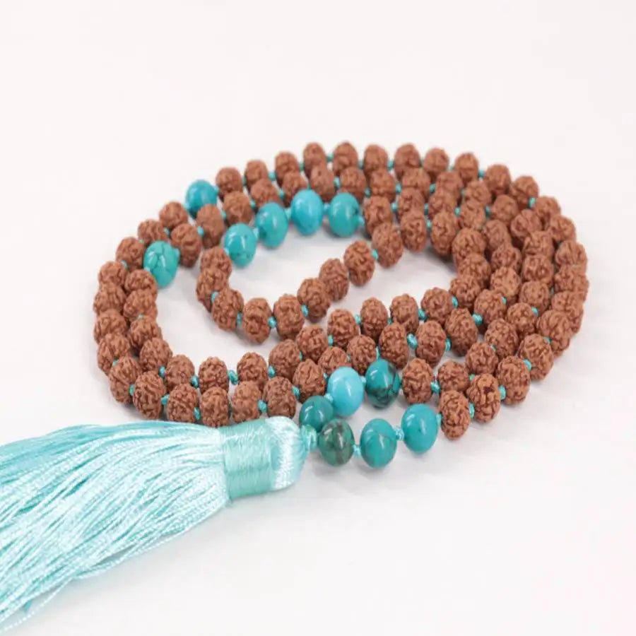 Natural Rudraksha & Turquoise 108 Beads Mala Necklace with Light Blue Tassel Meditation Jewelry Gift for Him