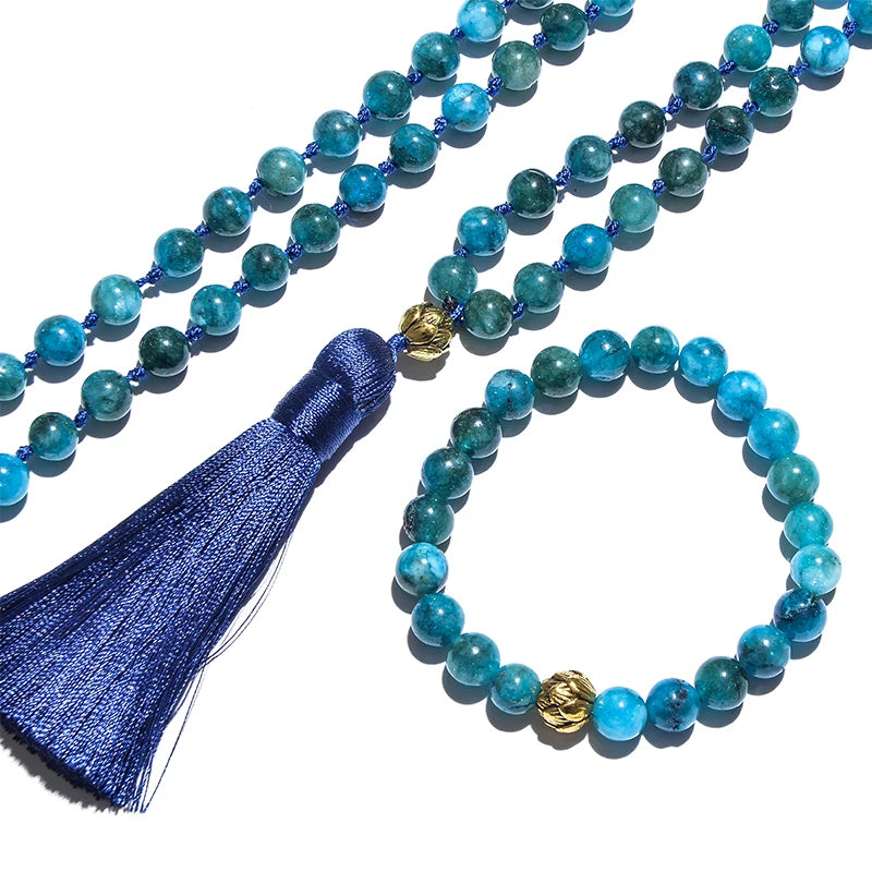 8mm Apatite Beaded Knotted 108 Mala Necklace Bracelet Set Meditation Yoga Prayer Jewelry Japamala Rosary for Men and Women