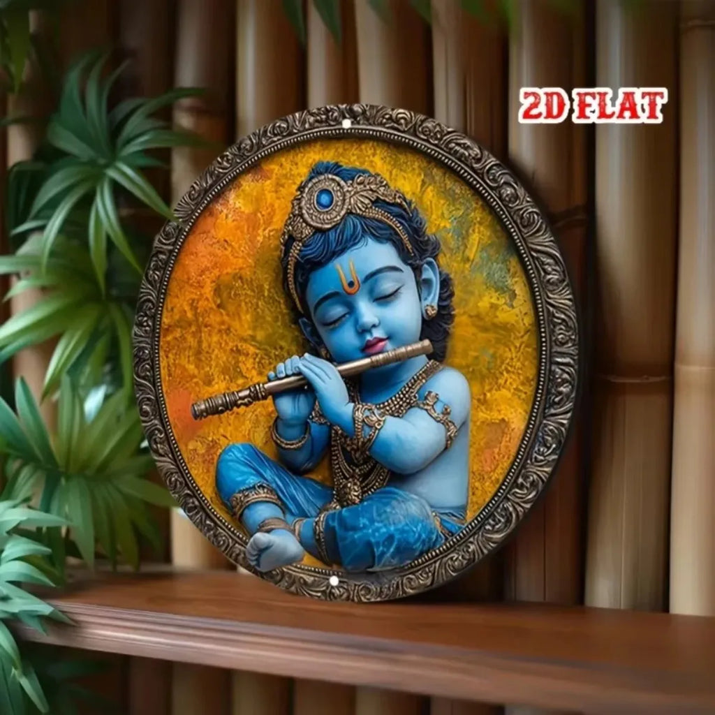 2D Flat Vintage Metal Sign: Graceful Baby Krishna with Flute - Captivating Indian Art, Perfect for Bars & Cafes