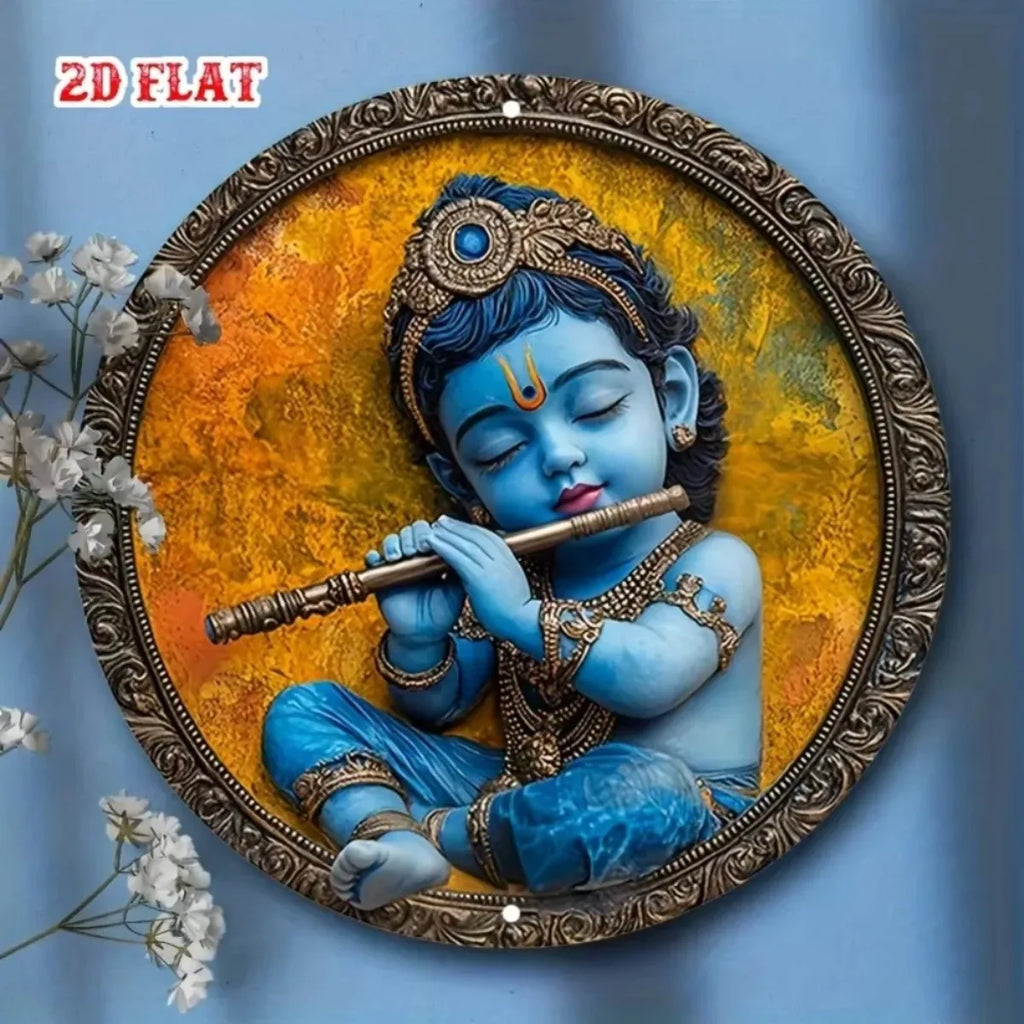 2D Flat Vintage Metal Sign: Graceful Baby Krishna with Flute - Captivating Indian Art, Perfect for Bars & Cafes