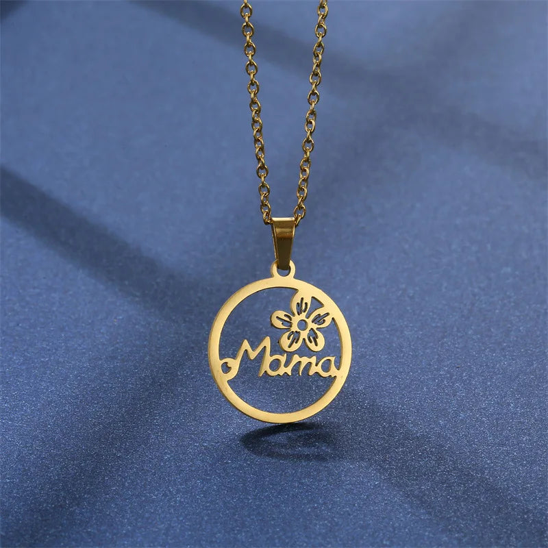 Mother's Day Jewelry Set Gift Stainless Steel Mama Love Heart Sakura Flower Pendant Necklace Earrings Mom Thanksgiving Gift