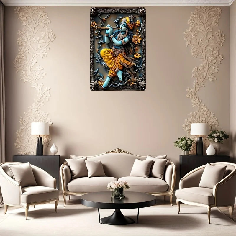 1pc 12x8inch Aluminum Krishna Flute Playing Wall Hanging Decor - Religious Theme, Indoor Portrait Orientation, Home Decoration