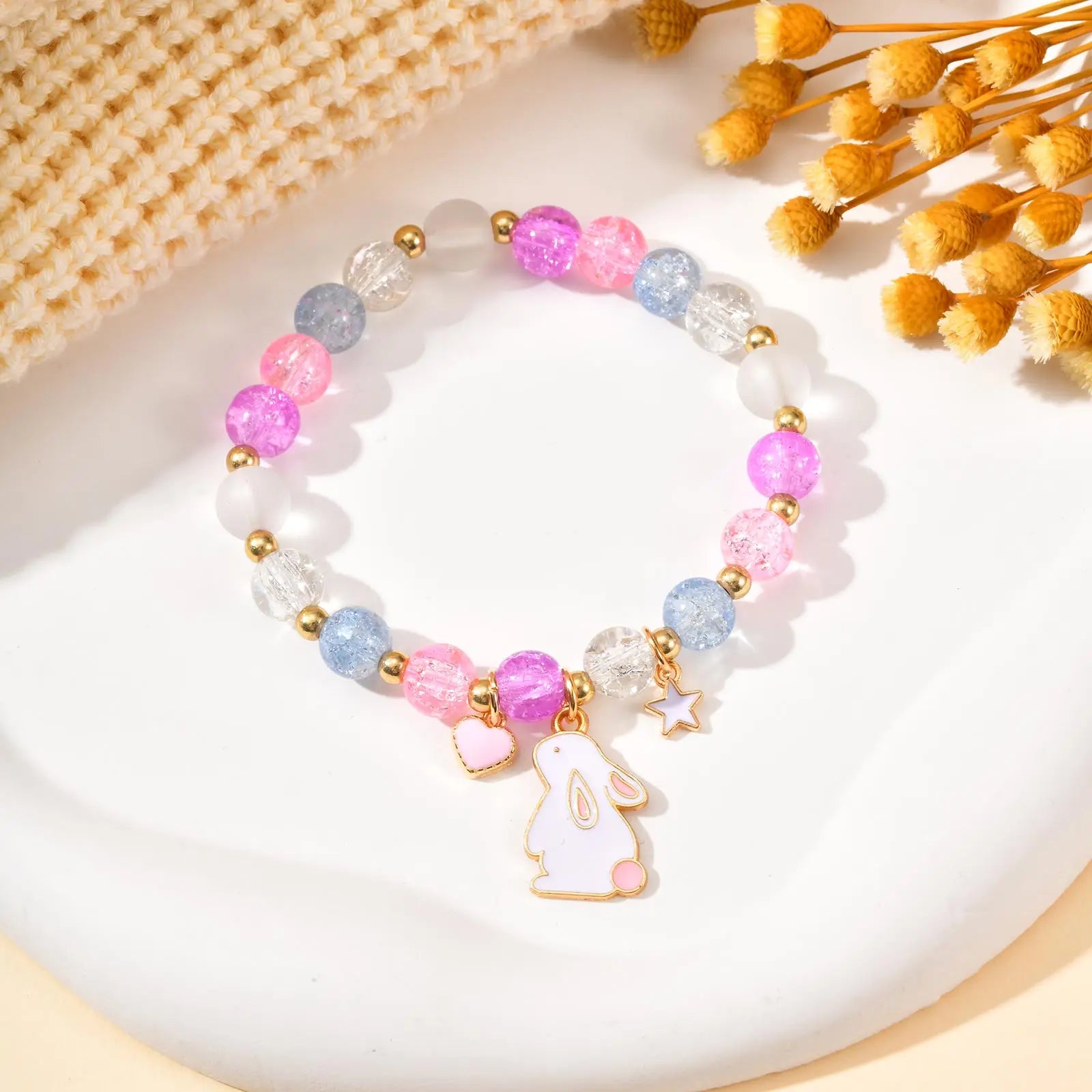 Cute Rabbit Bracelet for Baby Baptism Gift Colourful Beaded Bracelets Easter Christian Gifts Jewelry First Communion Jewelry