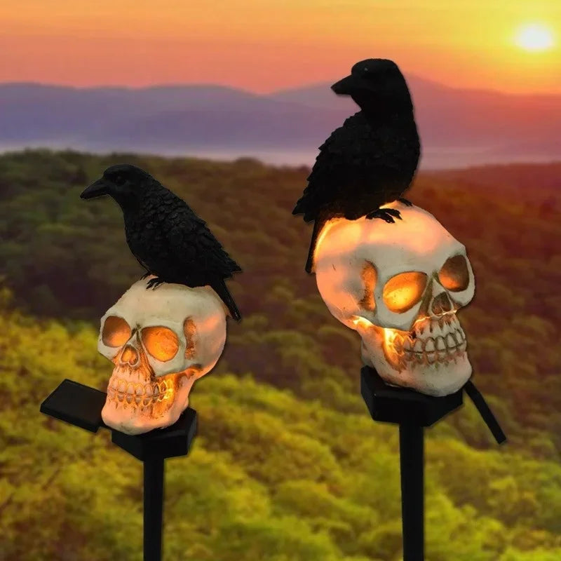 Halloween Light-Up Skull &amp; Raven Garden Stake – Spooky Outdoor Décor