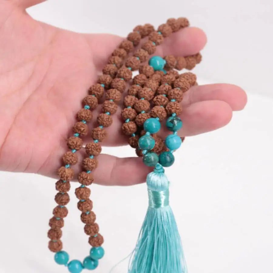 Natural Rudraksha & Turquoise 108 Beads Mala Necklace with Light Blue Tassel Meditation Jewelry Gift for Him