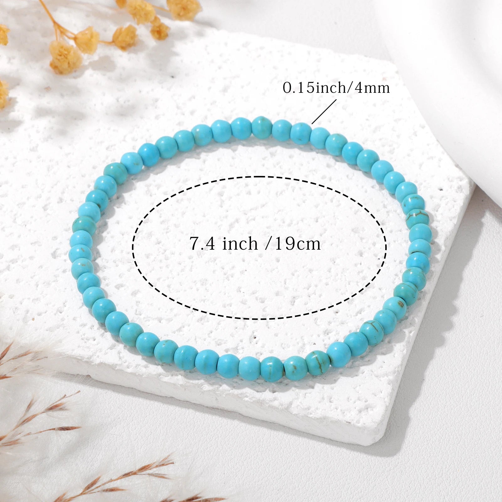 4/6/8mm Natural Blue Turquoises Beads Bracelet Smooth Round Beaded Bracelets with Card for Women Men Elastic Bracelet Bangle
