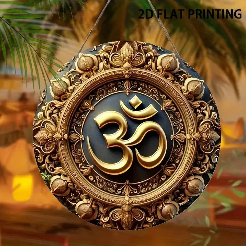 2D Painting- Americana Style Om Serenity Tin Round Sign, Hanging Decor For Home, Garden, Outdoor Wall Decor