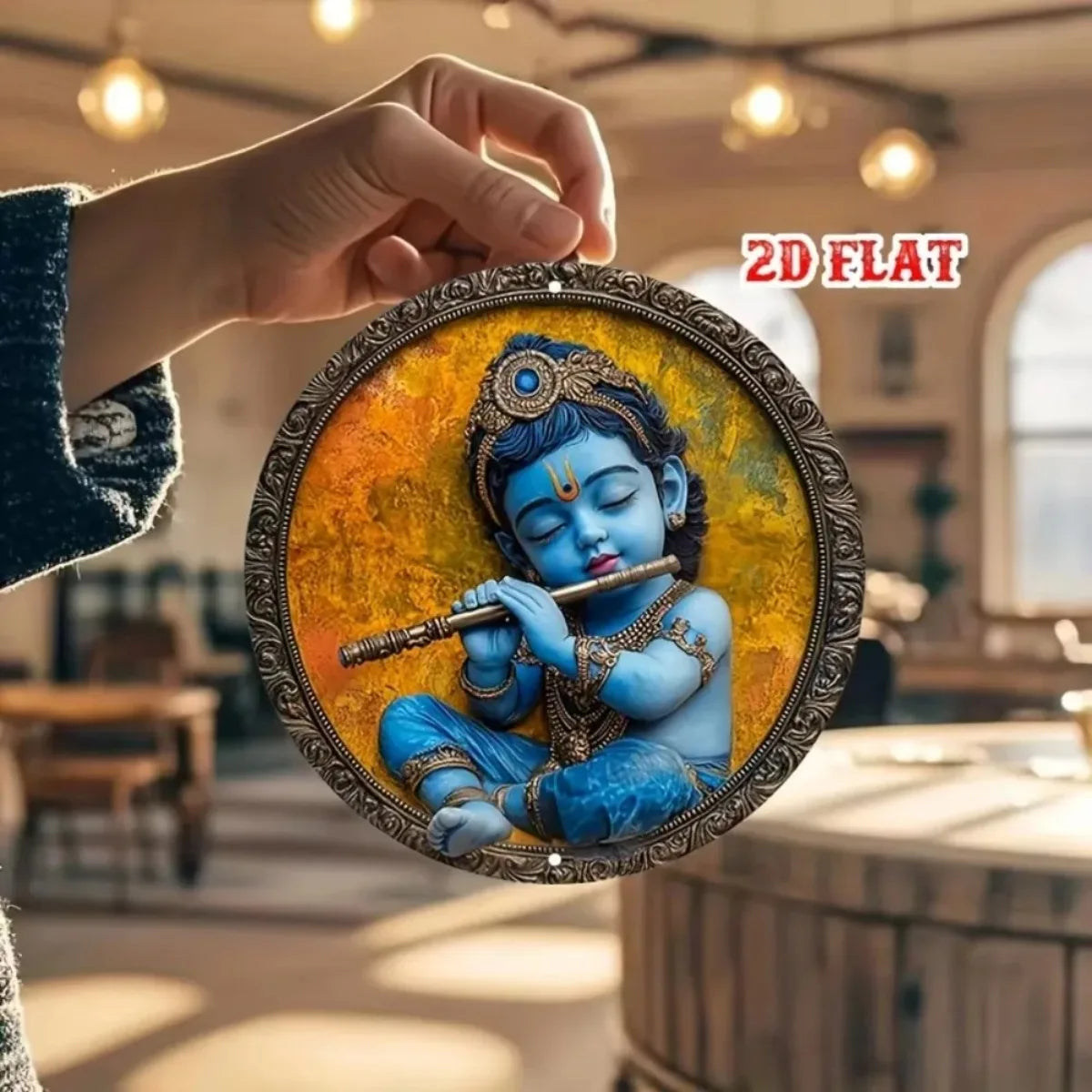 2D Flat Vintage Metal Sign: Graceful Baby Krishna with Flute - Captivating Indian Art, Perfect for Bars & Cafes