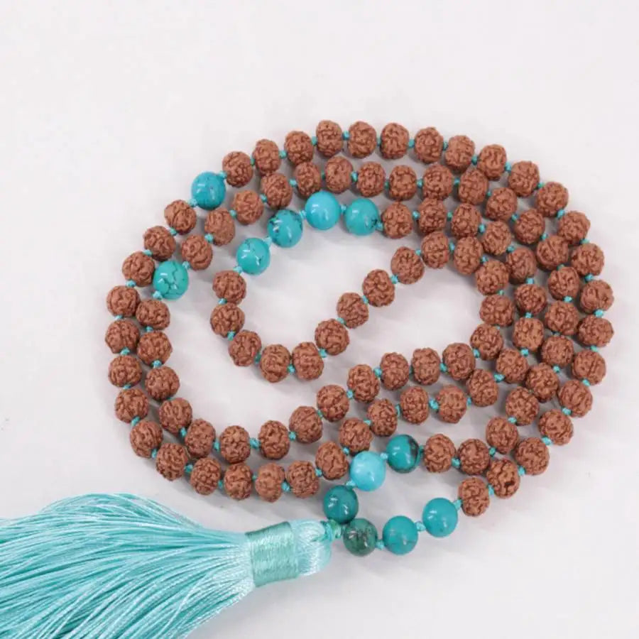 Natural Rudraksha & Turquoise 108 Beads Mala Necklace with Light Blue Tassel Meditation Jewelry Gift for Him