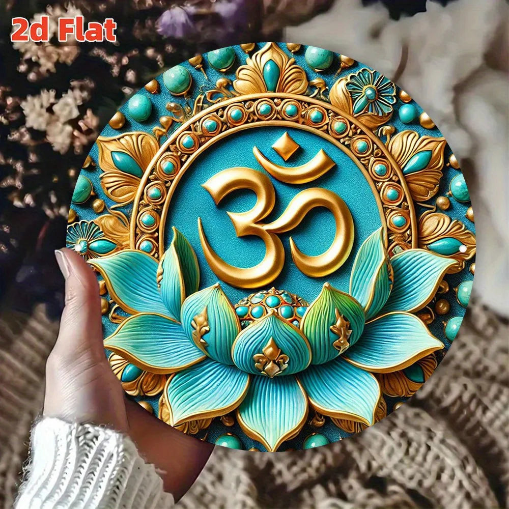 2D Flat, Om Symbol Meditation Wall Art -Round Blue & Golden Om Mantra Metal Sign,Zen Yoga Room Decor,Spiritual Gift for Home